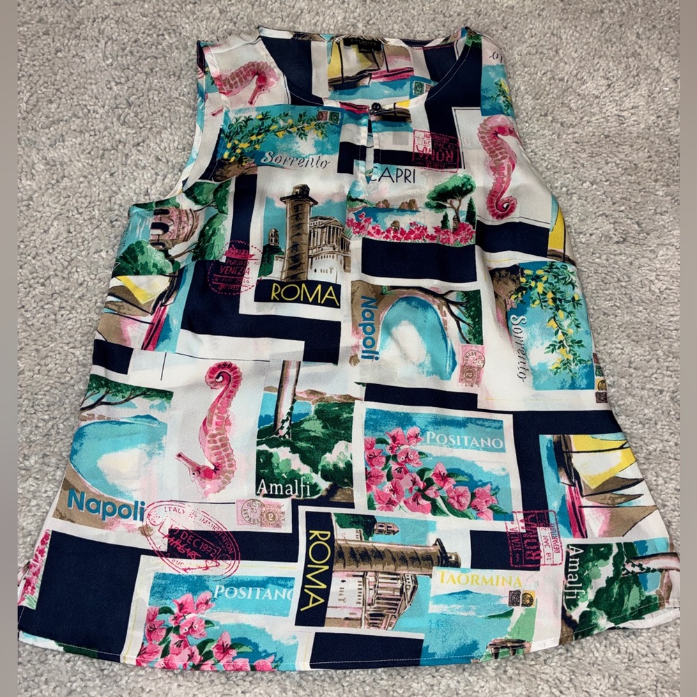 Talbots Italy Postcard Print Blouse Women’s Size Small Petite NWOT